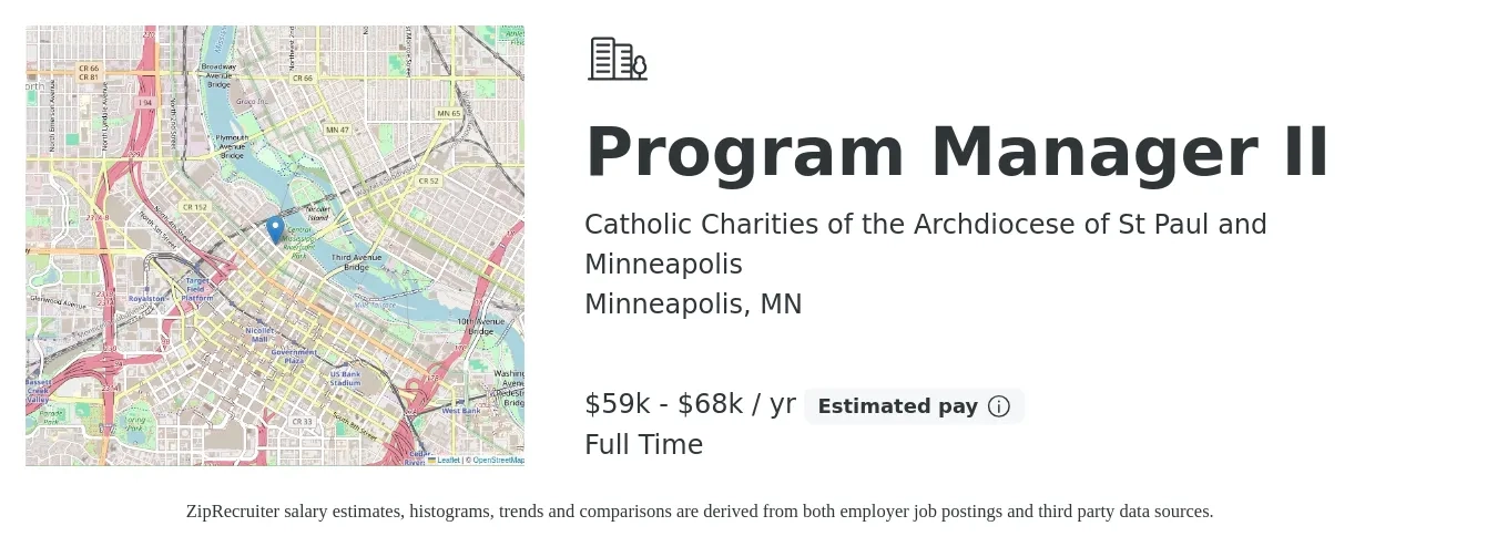 Catholic Charities of the Archdiocese of St Paul and Minneapolis job posting for a Program Manager II in Minneapolis, MN with a salary of $59,000 to $68,000 Yearly with a map of Minneapolis location.