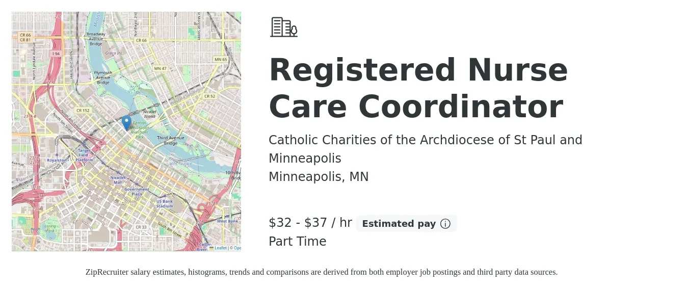 Catholic Charities of the Archdiocese of St Paul and Minneapolis job posting for a Registered Nurse Care Coordinator in Minneapolis, MN with a salary of $34 to $39 Hourly with a map of Minneapolis location.