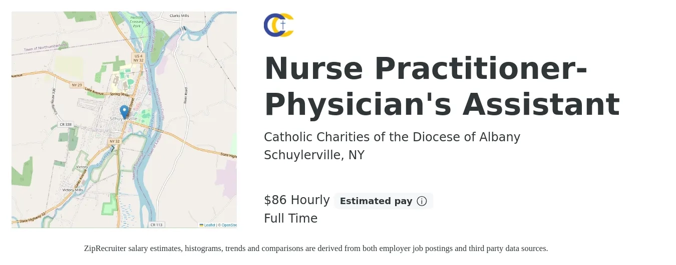 Catholic Charities of the Diocese of Albany job posting for a Nurse Practitioner- Physician's Assistant in Schuylerville, NY with a salary of $90 Hourly with a map of Schuylerville location.