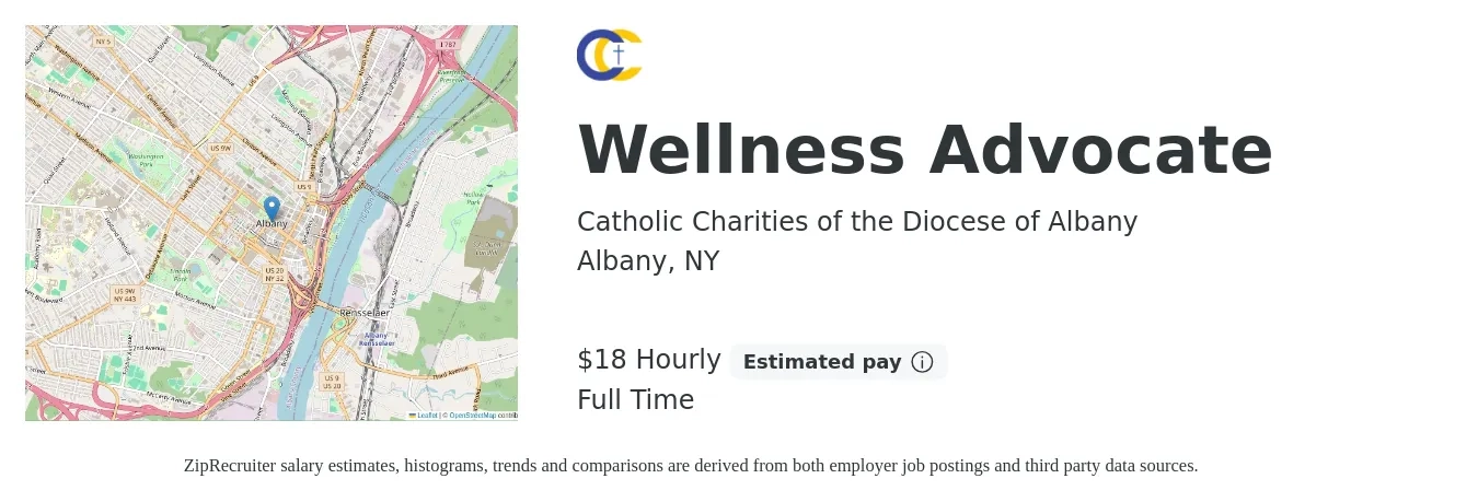 Catholic Charities of the Diocese of Albany job posting for a Wellness Advocate in Albany, NY with a salary of $19 Hourly with a map of Albany location.