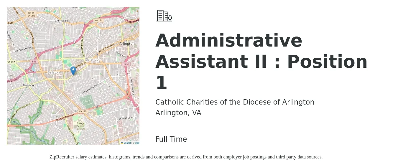 Catholic Charities of the Diocese of Arlington job posting for a Administrative Assistant II : Position 1 in Arlington, VA with a salary of $21 to $28 Hourly with a map of Arlington location.