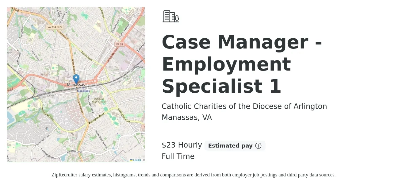 Catholic Charities of the Diocese of Arlington job posting for a Case Manager - Employment Specialist 1 in Manassas, VA with a salary of $24 Hourly with a map of Manassas location.
