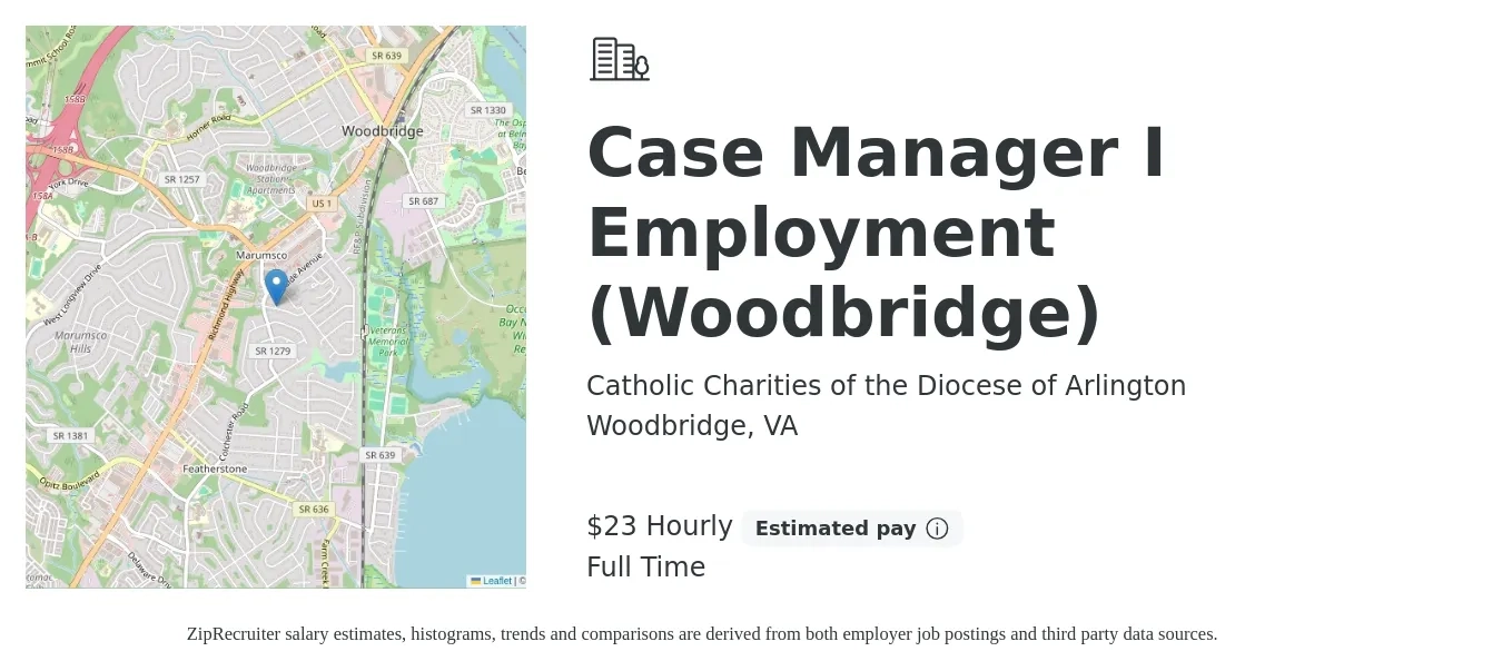 Catholic Charities of the Diocese of Arlington job posting for a Case Manager I Employment (Woodbridge) in Woodbridge, VA with a salary of $24 Hourly with a map of Woodbridge location.