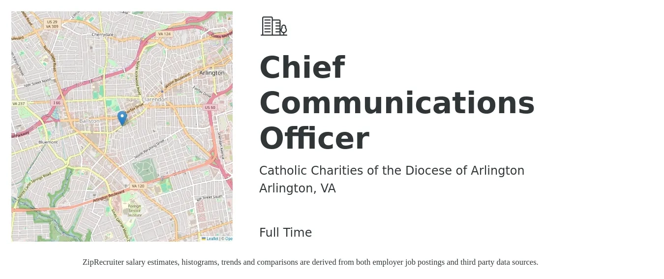Catholic Charities of the Diocese of Arlington job posting for a Chief Communications Officer in Arlington, VA with a salary of $50,600 to $87,500 Yearly with a map of Arlington location.