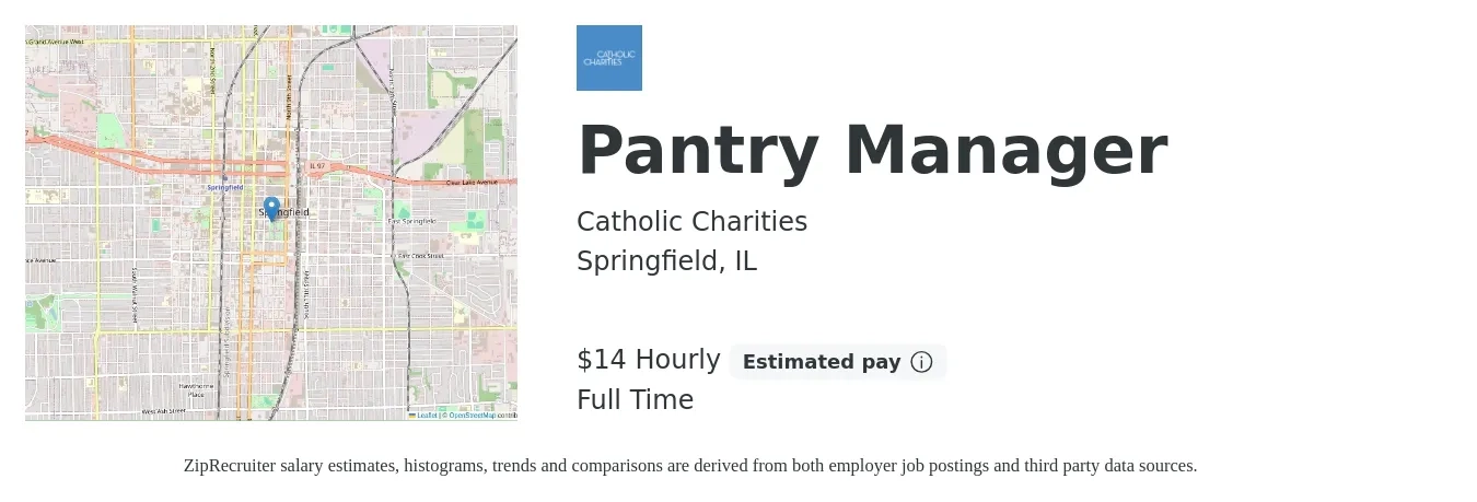 Catholic Charities job posting for a Pantry Manager in Springfield, IL with a salary of $16 Hourly with a map of Springfield location.