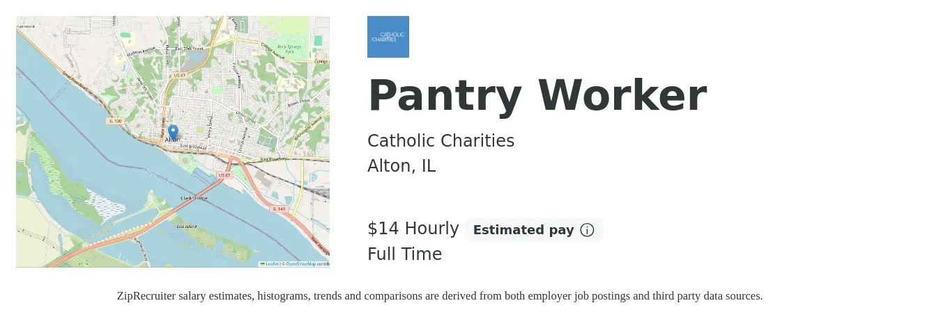 Catholic Charities job posting for a Pantry Worker in Alton, IL with a salary of $15 Hourly with a map of Alton location.