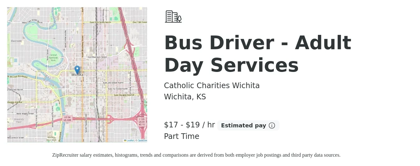 Catholic Charities Wichita job posting for a Bus Driver - Adult Day Services in Wichita, KS with a salary of $18 to $20 Hourly with a map of Wichita location.