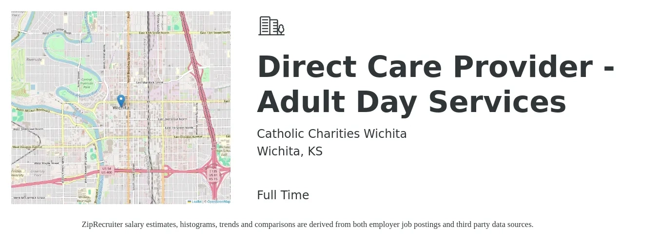 Catholic Charities Wichita job posting for a Direct Care Provider - Adult Day Services in Wichita, KS with a salary of $14 to $17 Hourly with a map of Wichita location.
