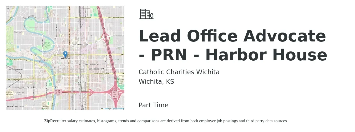 Catholic Charities Wichita job posting for a Lead Office Advocate - PRN - Harbor House in Wichita, KS with a salary of $15 to $19 Hourly with a map of Wichita location.
