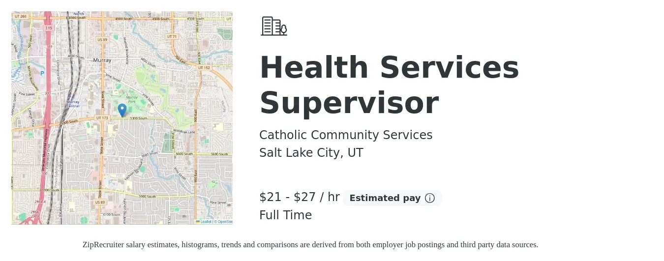 Catholic Community Services job posting for a Health Services Supervisor in Salt Lake City, UT with a salary of $22 to $29 Hourly with a map of Salt Lake City location.
