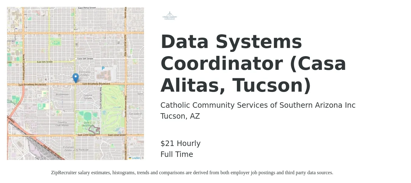 Catholic Community Services of Southern Arizona Inc job posting for a Data Systems Coordinator (Casa Alitas, Tucson) in Tucson, AZ with a salary of $22 Hourly with a map of Tucson location.