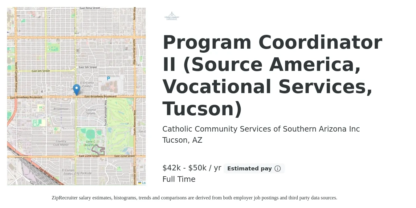 Catholic Community Services of Southern Arizona Inc job posting for a Program Coordinator II (Source America, Vocational Services, Tucson) in Tucson, AZ with a salary of $42,203 to $50,648 Yearly with a map of Tucson location.