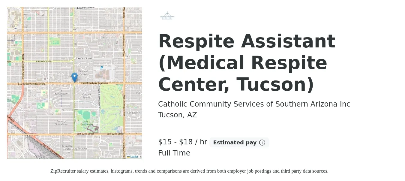 Catholic Community Services of Southern Arizona Inc job posting for a Respite Assistant (Medical Respite Center, Tucson) in Tucson, AZ with a salary of $16 to $19 Hourly with a map of Tucson location.