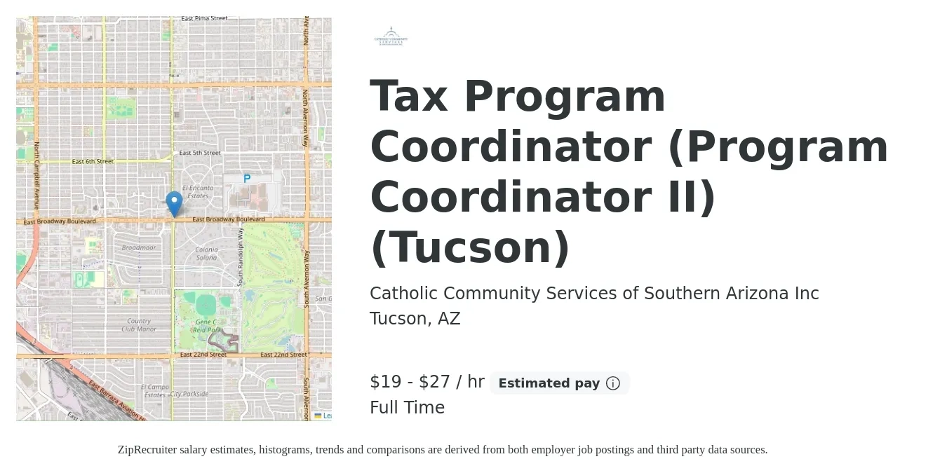 Catholic Community Services of Southern Arizona Inc job posting for a Tax Program Coordinator (Program Coordinator II) (Tucson) in Tucson, AZ with a salary of $42,203 to $59,093 Yearly with a map of Tucson location.
