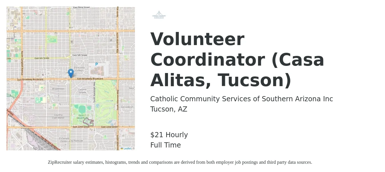 Catholic Community Services of Southern Arizona Inc job posting for a Volunteer Coordinator (Casa Alitas, Tucson) in Tucson, AZ with a salary of $22 Hourly with a map of Tucson location.