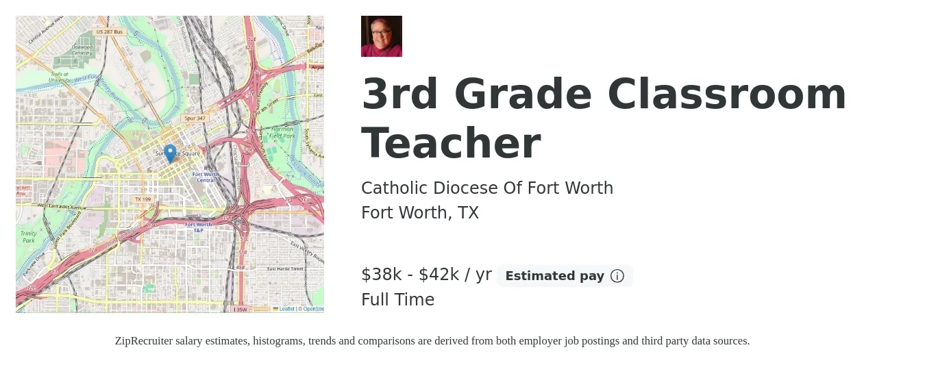Catholic Diocese Of Fort Worth job posting for a 3rd Grade Classroom Teacher in Fort Worth, TX with a salary of $38,000 to $42,000 Yearly with a map of Fort Worth location.