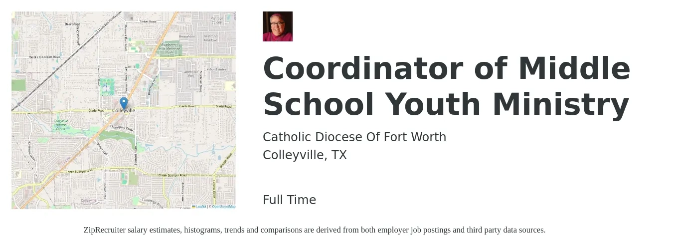 Catholic Diocese Of Fort Worth job posting for a Coordinator of Middle School Youth Ministry in Colleyville, TX with a salary of $18 to $23 Hourly with a map of Colleyville location.