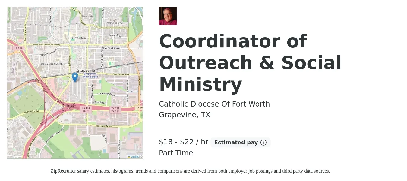 Catholic Diocese Of Fort Worth job posting for a Coordinator of Outreach & Social Ministry in Grapevine, TX with a salary of $19 to $23 Hourly with a map of Grapevine location.
