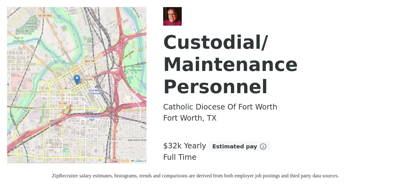 Catholic Diocese Of Fort Worth job posting for a Custodial/ Maintenance Personnel in Fort Worth, TX with a salary of $32,700 Yearly with a map of Fort Worth location.