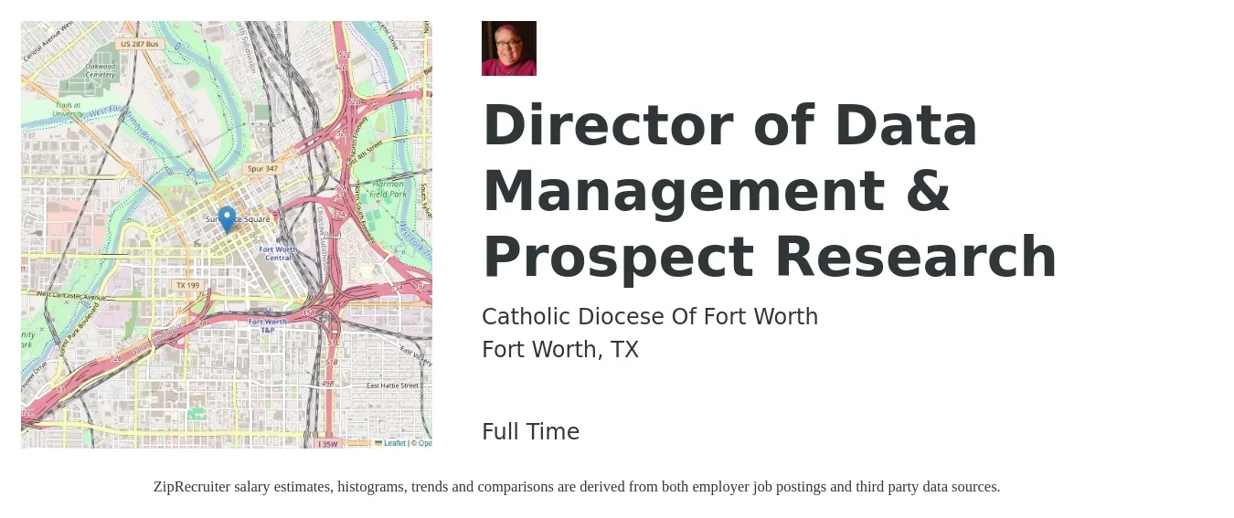 Catholic Diocese Of Fort Worth job posting for a Director of Data Management & Prospect Research in Fort Worth, TX with a salary of $105,300 to $181,400 Yearly with a map of Fort Worth location.