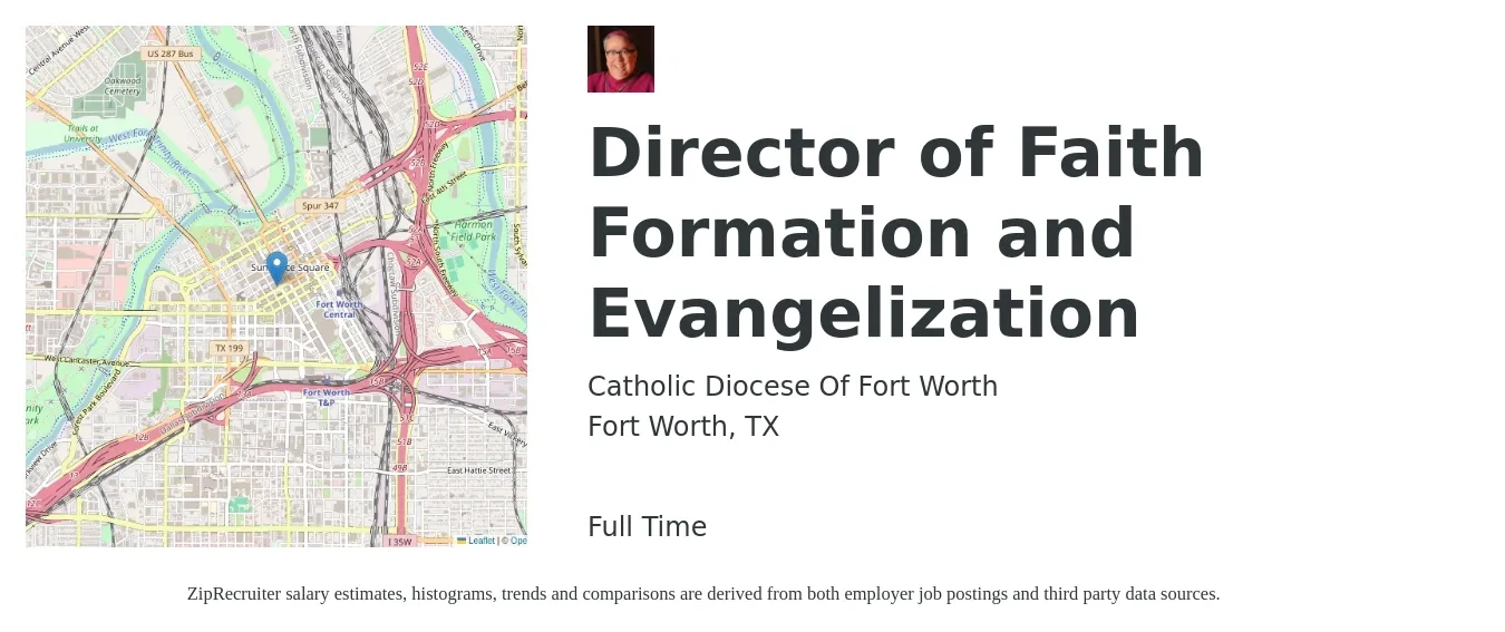Catholic Diocese Of Fort Worth job posting for a Director of Faith Formation and Evangelization in Fort Worth, TX with a salary of $79,500 to $117,300 Yearly with a map of Fort Worth location.