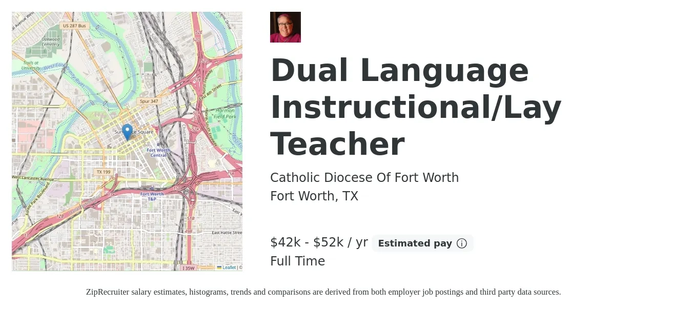 Catholic Diocese Of Fort Worth job posting for a Dual Language Instructional/Lay Teacher in Fort Worth, TX with a salary of $42,000 to $52,000 Yearly with a map of Fort Worth location.