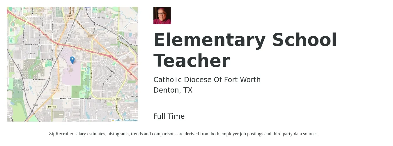 Catholic Diocese Of Fort Worth job posting for a Elementary School Teacher in Denton, TX with a salary of $42,000 to $56,600 Yearly with a map of Denton location.