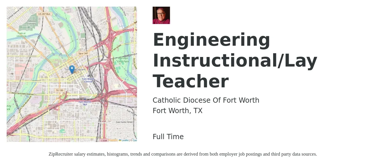 Catholic Diocese Of Fort Worth job posting for a Engineering Instructional/Lay Teacher in Fort Worth, TX with a salary of $41,200 to $53,800 Yearly with a map of Fort Worth location.