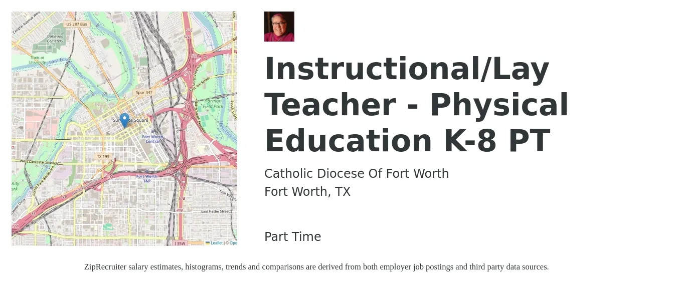 Catholic Diocese Of Fort Worth job posting for a Instructional/Lay Teacher - Physical Education K-8 PT in Fort Worth, TX with a salary of $43,100 to $58,400 Yearly with a map of Fort Worth location.