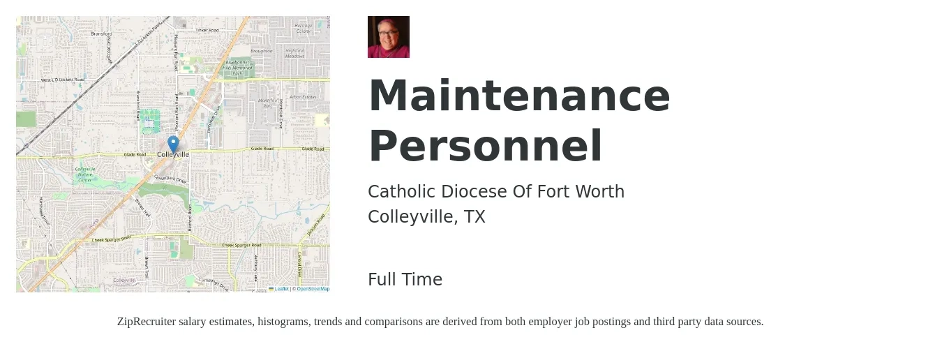 Catholic Diocese Of Fort Worth job posting for a Maintenance Personnel in Colleyville, TX with a salary of $17 to $24 Hourly with a map of Colleyville location.