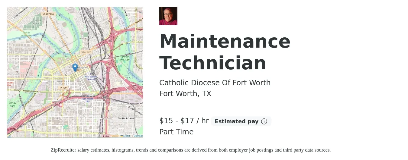 Catholic Diocese Of Fort Worth job posting for a Maintenance Technician in Fort Worth, TX with a salary of $16 to $18 Hourly with a map of Fort Worth location.