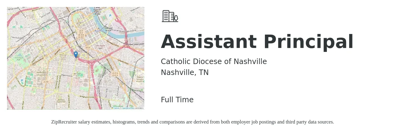 Catholic Diocese of Nashville job posting for a Assistant Principal in Nashville, TN with a salary of $66,600 to $95,100 Yearly with a map of Nashville location.