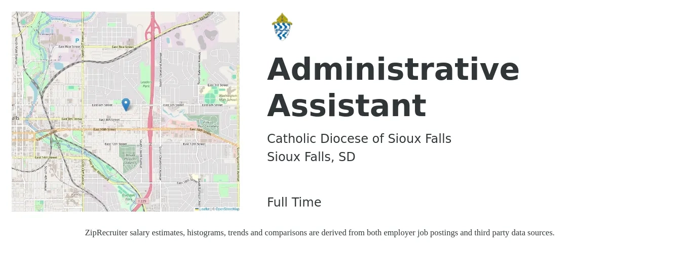 Catholic Diocese of Sioux Falls job posting for a Administrative Assistant in Sioux Falls, SD with a salary of $18 to $24 Hourly with a map of Sioux Falls location.