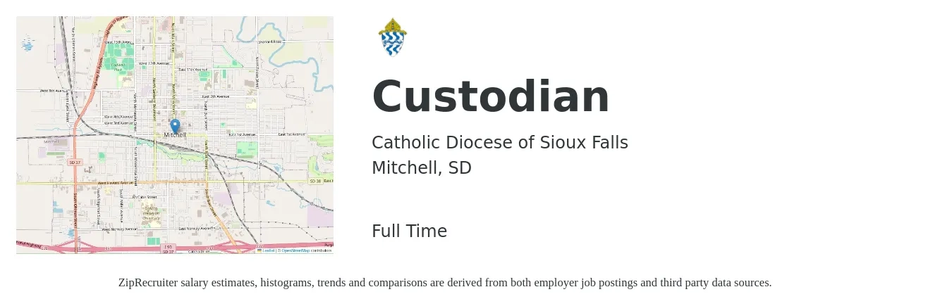 Catholic Diocese of Sioux Falls job posting for a Custodian in Mitchell, SD with a salary of $14 to $18 Hourly with a map of Mitchell location.