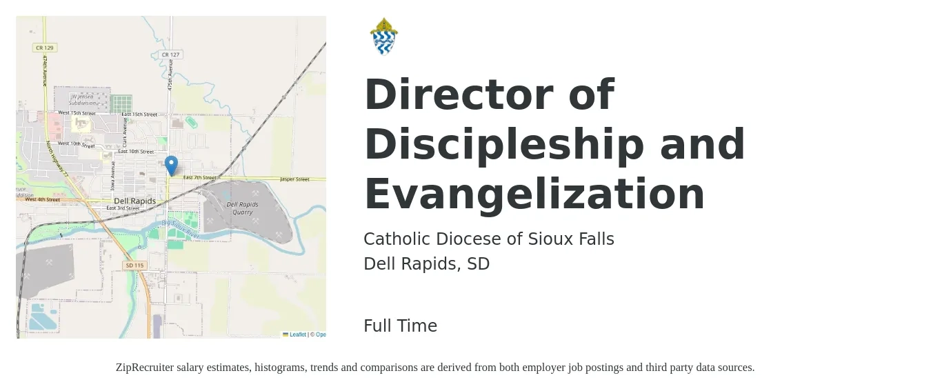 Catholic Diocese of Sioux Falls job posting for a Director of Discipleship and Evangelization in Dell Rapids, SD with a salary of $41,600 to $56,400 Yearly with a map of Dell Rapids location.