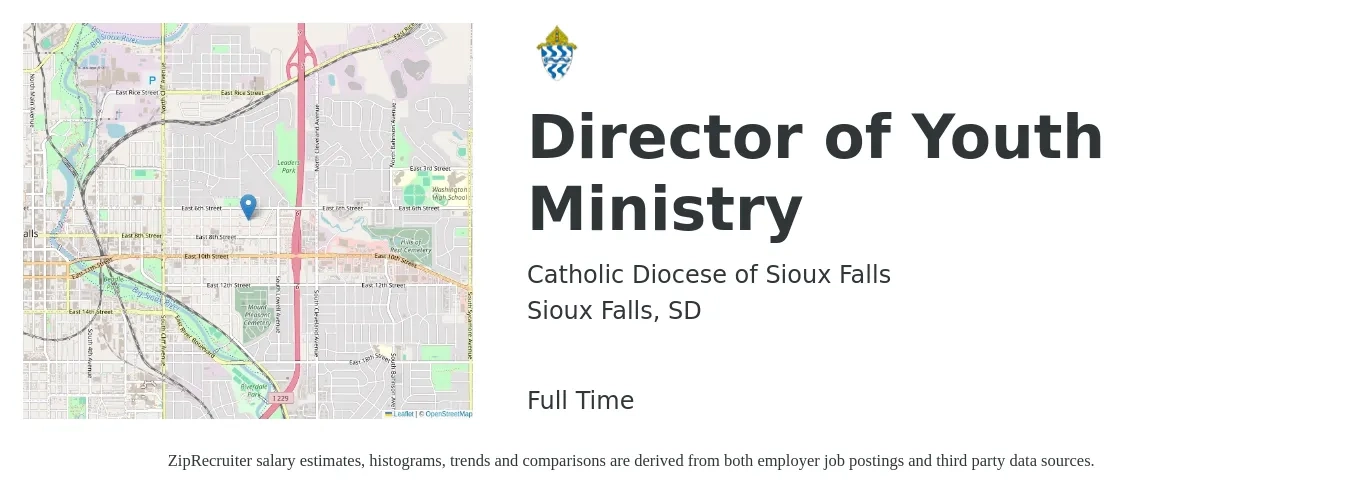Catholic Diocese of Sioux Falls job posting for a Director of Youth Ministry in Sioux Falls, SD with a salary of $41,800 to $58,200 Yearly with a map of Sioux Falls location.