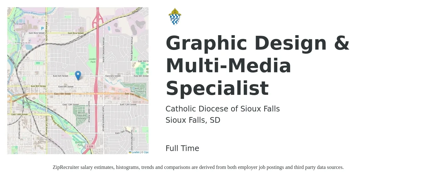 Catholic Diocese of Sioux Falls job posting for a Graphic Design & Multi-Media Specialist in Sioux Falls, SD with a salary of $20 to $26 Hourly with a map of Sioux Falls location.