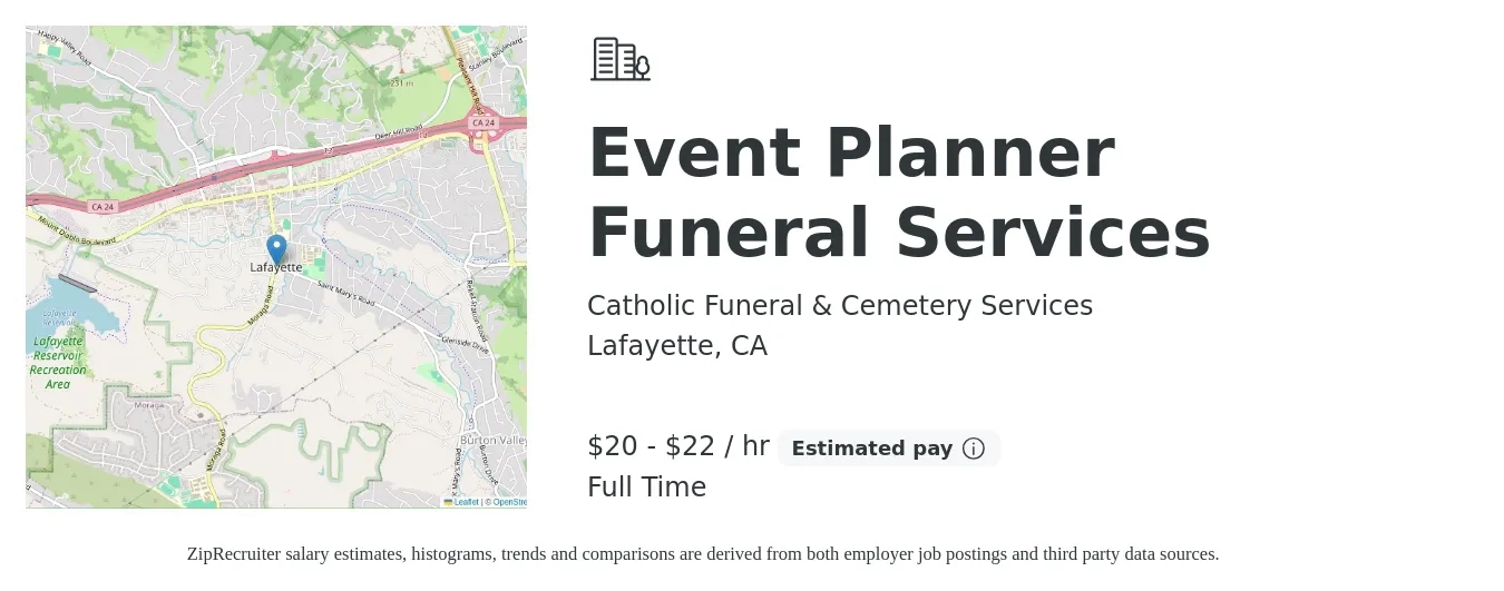 Catholic Funeral & Cemetery Services job posting for a Event Planner Funeral Services in Lafayette, CA with a salary of $21 to $23 Hourly with a map of Lafayette location.