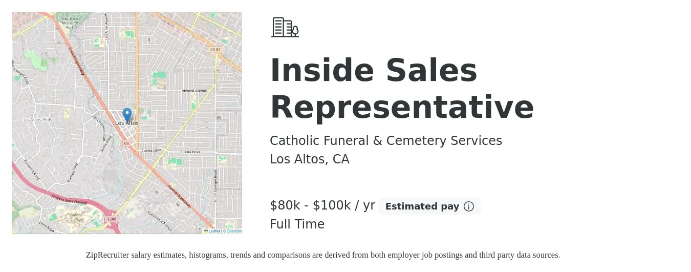 Catholic Funeral & Cemetery Services job posting for a Inside Sales Representative in Los Altos, CA with a salary of $80,000 to $100,000 Yearly with a map of Los Altos location.