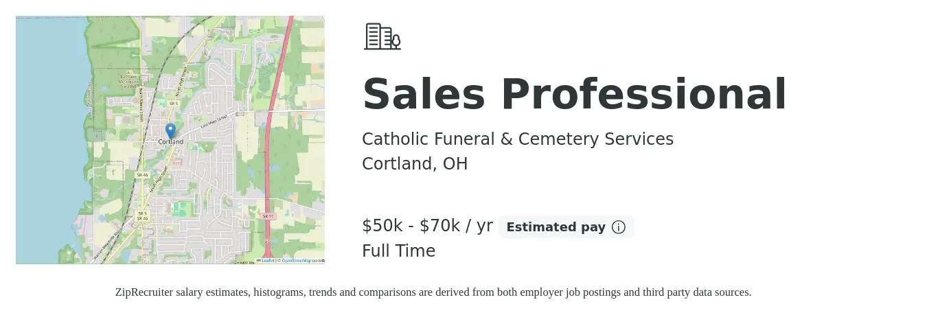 Catholic Funeral & Cemetery Services job posting for a Sales Professional in Cortland, OH with a salary of $50,000 to $70,000 Yearly with a map of Cortland location.