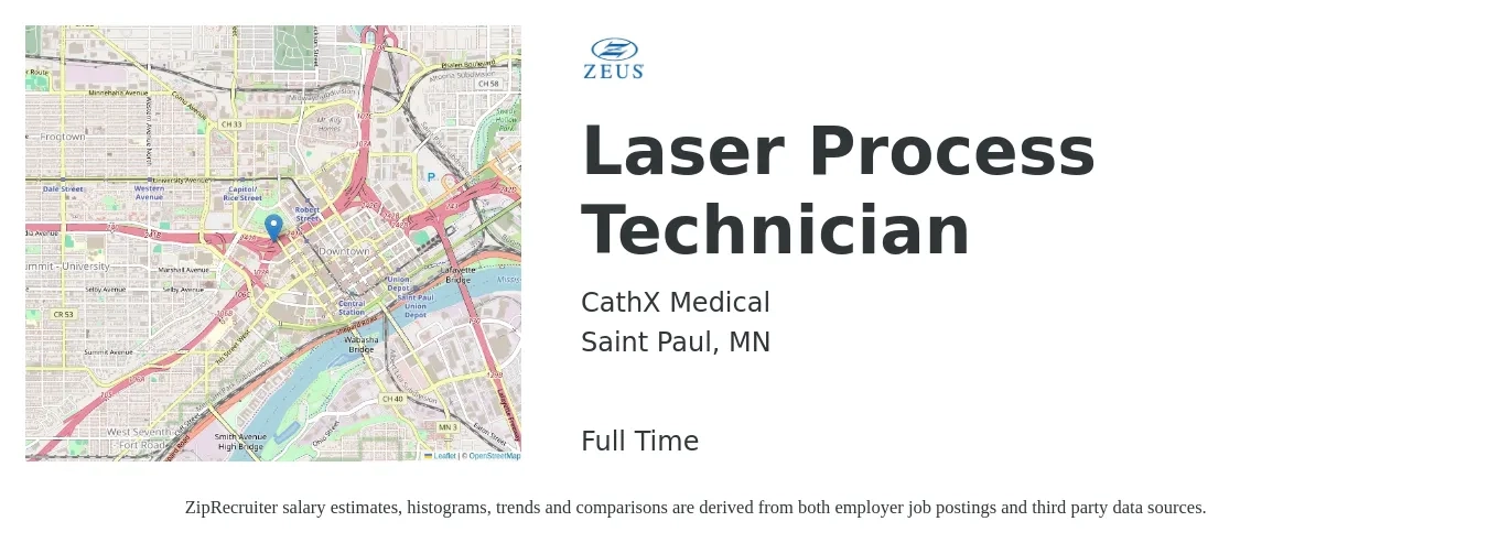 CathX Medical job posting for a Laser Process Technician in Saint Paul, MN with a salary of $20 to $30 Hourly with a map of Saint Paul location.