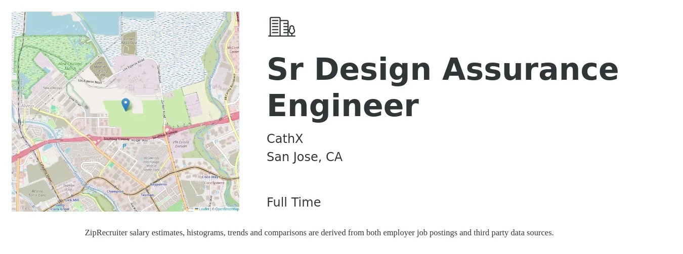 CathX job posting for a Sr Design Assurance Engineer in San Jose, CA with a salary of $127,300 to $186,500 Yearly with a map of San Jose location.