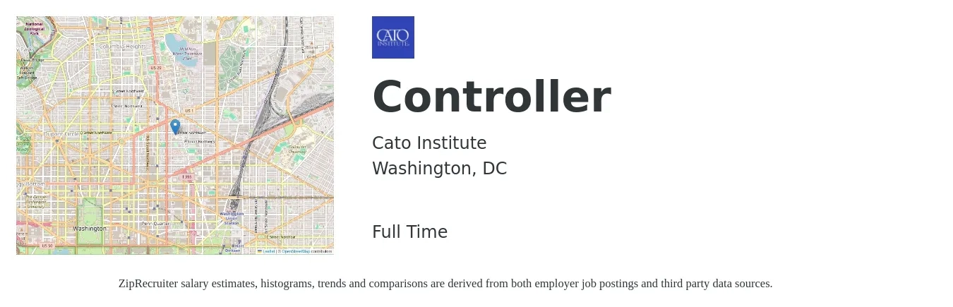 Cato Institute job posting for a Controller in Washington, DC with a salary of $109,400 to $156,300 Yearly with a map of Washington location.