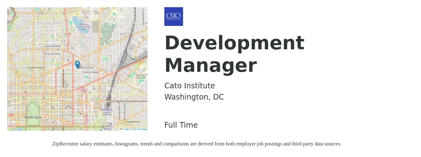 Cato Institute job posting for a Development Manager in Washington, DC with a salary of $66,000 to $102,100 Yearly with a map of Washington location.