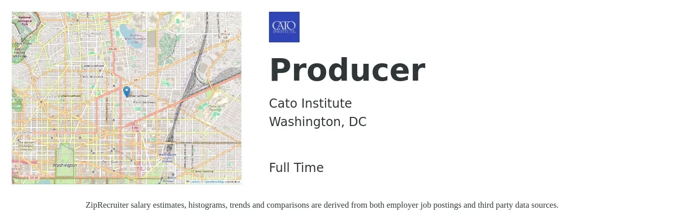 Cato Institute job posting for a Producer in Washington, DC with a salary of $65,400 to $98,700 Yearly with a map of Washington location.