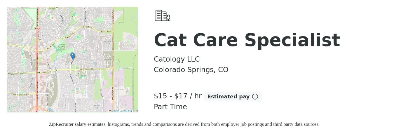 Catology LLC job posting for a Cat Care Specialist in Colorado Springs, CO with a salary of $16 to $18 Hourly with a map of Colorado Springs location.