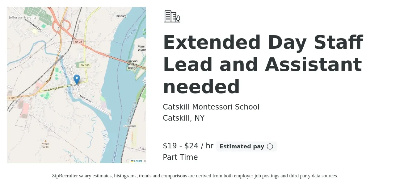 Catskill Montessori School job posting for a Extended Day Staff Lead and Assistant needed in Catskill, NY with a salary of $20 to $25 Hourly with a map of Catskill location.