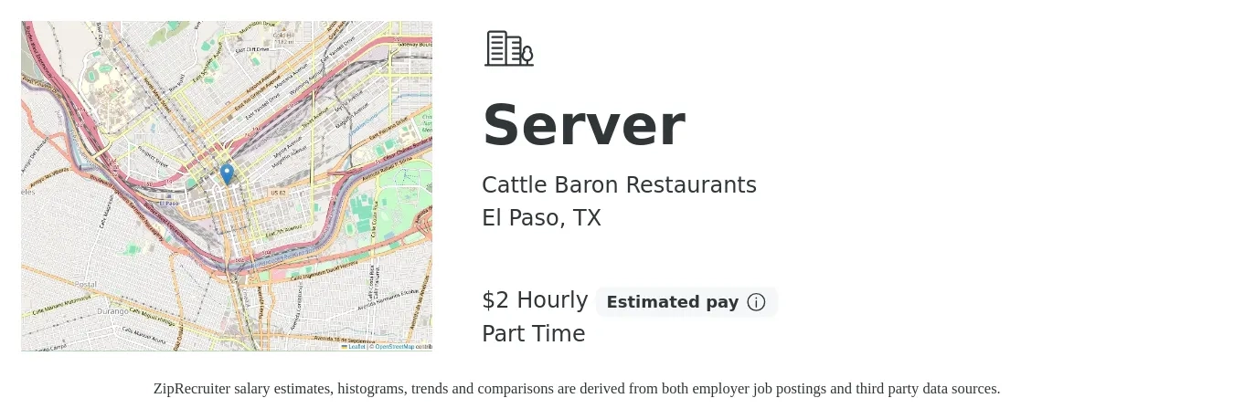 Cattle Baron Restaurants job posting for a Server in El Paso, TX with a salary of $3 Hourly with a map of El Paso location.
