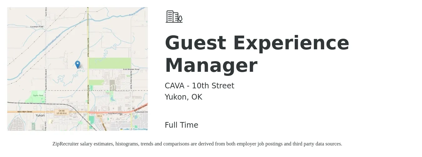 CAVA - 10th Street job posting for a Guest Experience Manager in Yukon, OK with a salary of $15 to $17 Hourly with a map of Yukon location.