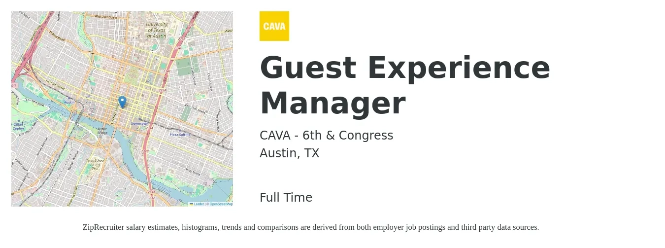 CAVA - Westlake job posting for a Guest Experience Manager in Austin, TX with a salary of $18 to $20 Hourly with a map of Austin location.